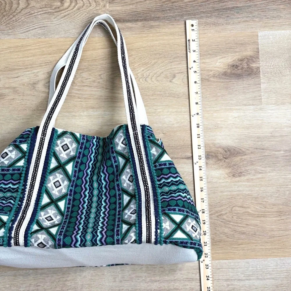 Teal/Green Geometric Woven Tote Bag Women Large Boho Vacation Vibes Beach Travel